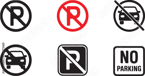Collection of six different parking prohibition signs including no parking symbols and text for traffic and regulation