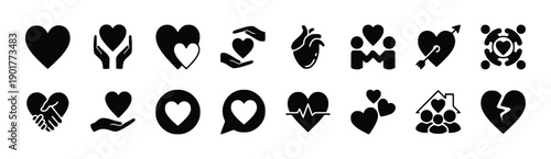 Collection of solid black icons representing love relationships and care with hearts hands couples and family symbols conveying affection connection and support
