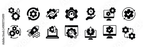 Collection of solid fill icons demonstrating process efficiency and system enhancement using gears and circular arrows for concepts of automation and smooth operations