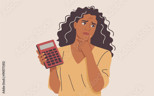 Thoughtful woman calculating finances with a calculator in her hand, pondering numbers and financial decisions.