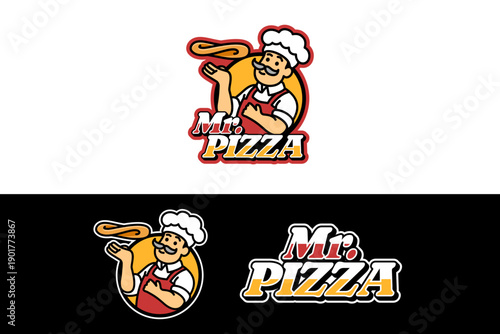 Pizza Chef Mascot Logo with Tossing Dough Cartoon Style. Italian Food Mania Illustration for Food Branding