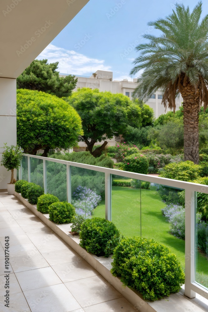 Fototapeta premium Modern balcony overlooking lush green garden and palm tree