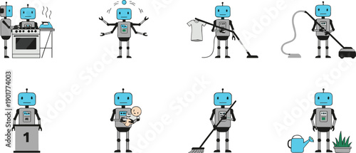 Friendly Service Robot Character Set Performing Household Chores, Cleaning, Delivery, Maintenance, and Daily Assistance Tasks for Smart Home and AI Concepts