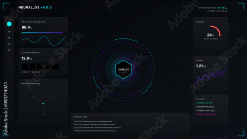 A high-tech digital display featuring real-time neural network analytics, quantum computing metrics, and holographic infographics in a dark cyberpunk-style user interface.