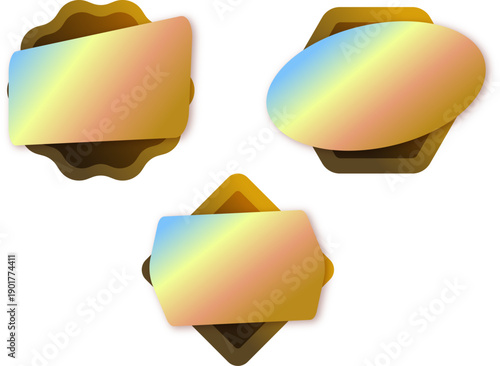 虹色グラデーションが輝くゴールドベースのモダンエンブレムフレームセット｜デジタル認証・特別感・プレミアム表現に使える未来的バッジ素材