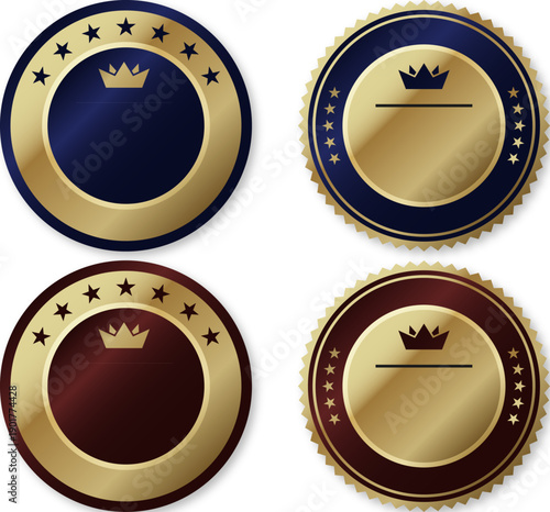 王冠と星を配したゴールドラウンドエンブレムセット｜格式と信頼を表現するネイビー・ボルドー配色の高級認証バッジフレーム素材