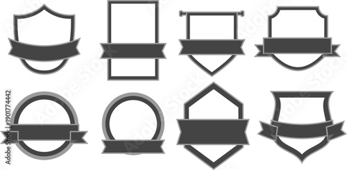 モノクロデザインの盾型エンブレムとリボンフレームのバリエーションセット｜シンプルで汎用性の高いバッジ・ロゴ・称号表示に使える装飾枠イラスト素材