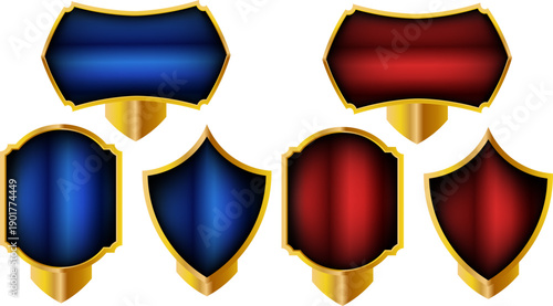 金色フレーム付き青赤グラデーション盾エンブレムセット｜高級感のあるバッジデザインでゲームUI・実績表示・称号アイコンに使える装飾シンボル素材