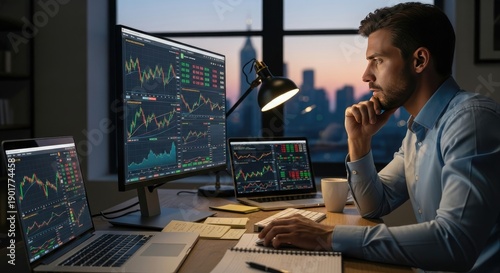 A professional businessman and businesswoman work together on a laptop and desktop computer at an office desk, utilizing modern technology and internet communication for their online business