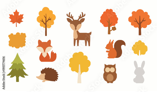 Cute autumn forest animals and fall trees vector illustration set for kids and nursery designs