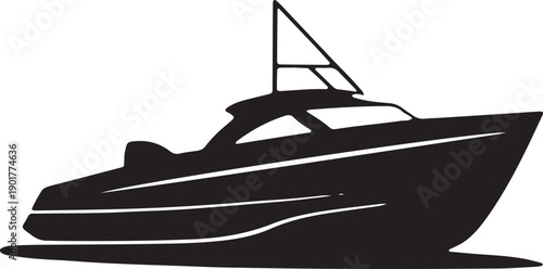 Black silhouette icon of a sleek modern yacht or sailboat cruising on water surface