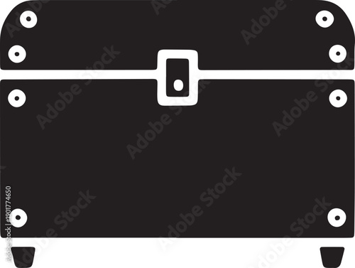 Black silhouette icon of old pirate treasure chest or storage container with metal details