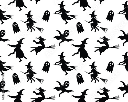 A spooky pattern of witches and ghosts flying on broomsticks against a white background for Halloween.
