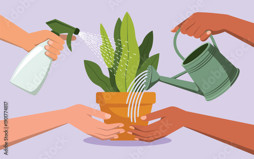 Nurturing a potted plant with care and attention from multiple hands