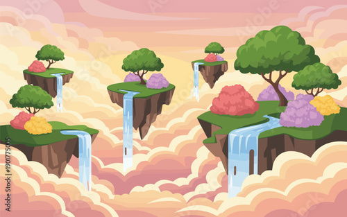 Floating islands with lush trees and vibrant flowers amidst clouds and cascading waterfalls viewed from a distance