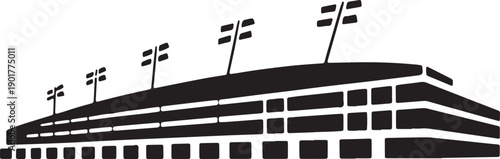 Modern grandstand stadium building architecture with tall floodlights for sports arena events