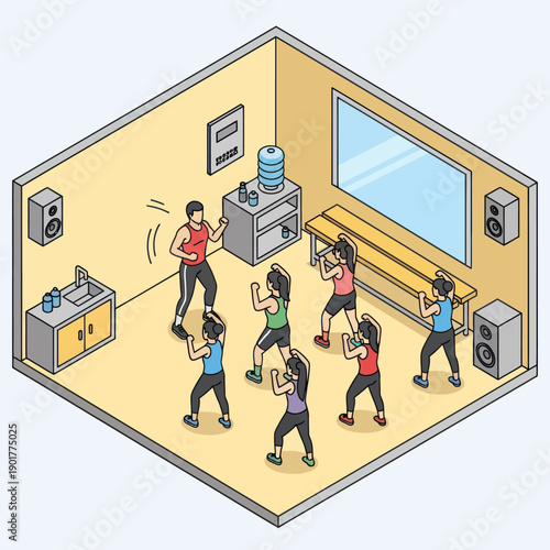 Group Fitness Class in Modern Studio.