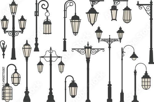 Vintage street lamp silhouettes, classic outdoor lantern collection isolated on white background, decorative city lighting elements vector illustration design set