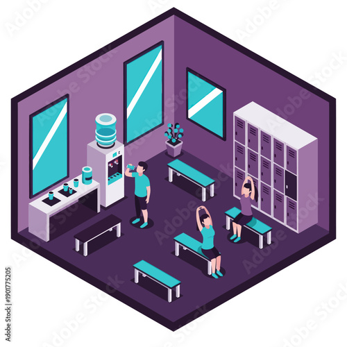 Isometric Gym Scene with People Exercising.