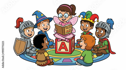 Diverse Children in Fantasy Costumes Listening to Storyteller Read Tales. Kids Reading, Imagination, Education Vector Illustration.