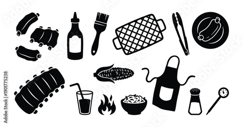 Grill barbeque party food and tools silhouette set including ribs, corn, apron, sauce