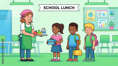School Lunch Service: Diverse Students Receiving Healthy Food from Cafeteria Worker. Elementary Kids Break Time Illustration.