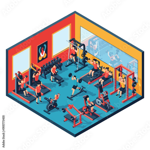 Isometric Gym Scene with People Exercising.