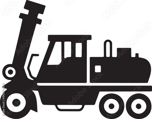 Vector silhouette of a retro front loader construction vehicle with large boom and wheels
