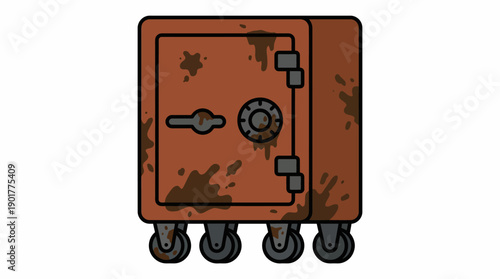 Abandoned and Rusty Safe on Wheels with Combination Lock. Cartoon Style Security Vault Box Vector Icon Isolated on White.