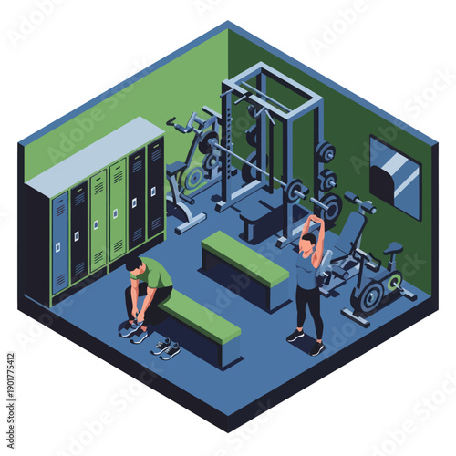 Isometric Gym Scene with People Exercising.
