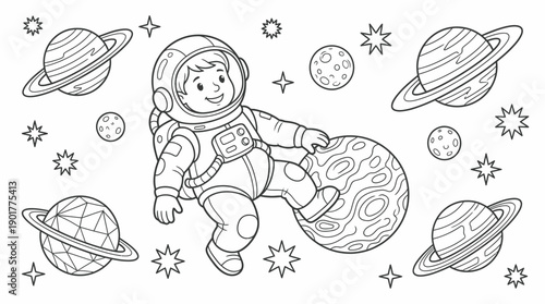 Happy Cartoon Astronaut Coloring Page Outline Floating in Space with Planet, Stars, and Saturn Rings. Cute Kids Space Exploration Vector Illustration.