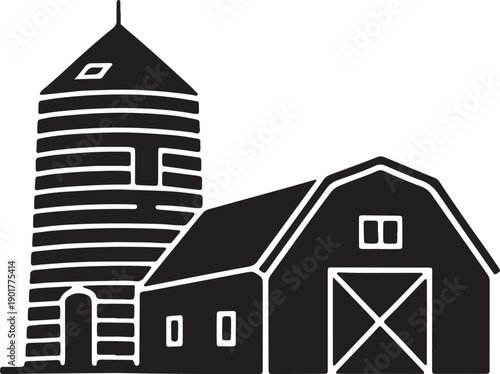 Vector illustration of a farm barn and silo, rustic agricultural building complex