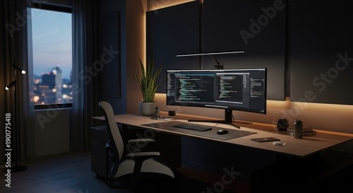 Modern living room interior featuring a fireplace and a sleek office workplace with a computer desk, ergonomic chair, and laptop technology on a designer table in an empty room