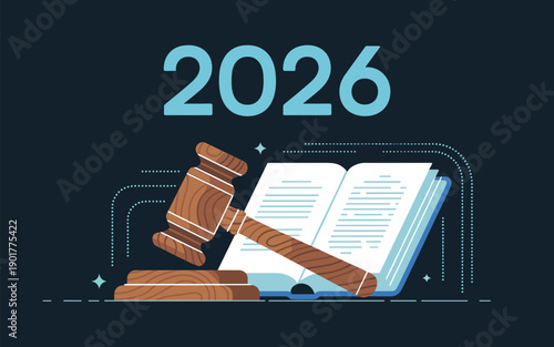 Illustration of a gavel and law book representing justice and legislation in a modern digital age for 2026
