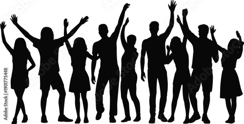 celebration silhouettes, group unity, raised arms, diverse people, excitement energy, social gathering, teamwork concept, lifestyle illustration, community joy, festive crowd,
