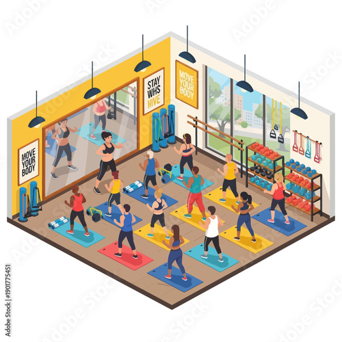 Group Fitness Class in Modern Gym Studio.