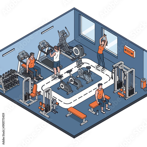 Gym Interior with People Exercising Equipment.