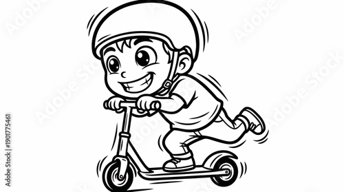 Energetic Cartoon Kid Riding Scooter Wearing Helmet. Black and White Outline Drawing for Coloring Book