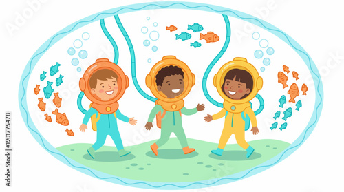 Happy Diverse Children Exploring the Ocean Floor in Vintage Diving Helmets. Cute Cartoon Illustration of Underwater Sea Adventure and Friendship.