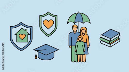 Comprehensive Insurance and Family Protection Concept Icons: Health, Home, Life, and Education Planning Services