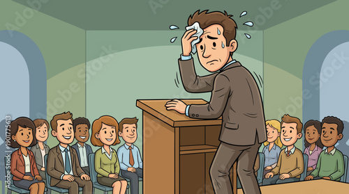 Man with Public Speaking Anxiety Sweating at Podium. Stressful Business Presentation and Stage Fright Concept Illustration.