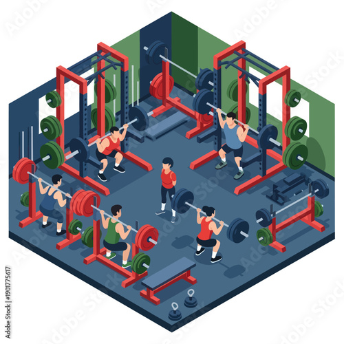 Isometric Gym Scene with People Exercising.