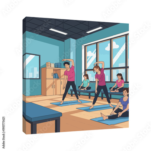 Women Practicing Yoga in Fitness Studio.