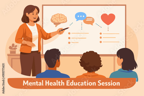 Mental Health Education Session A flat vector illustration of a counsellor standing beside a whiteboard explaining mental health concepts to a small audience. 