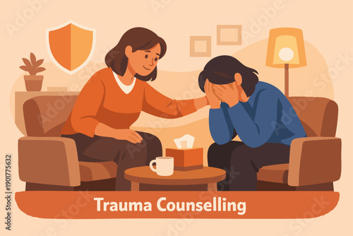 Trauma Counselling A flat vector illustration depicting a counsellor offering support to a distressed client. The counsellor leans forward slightly, showing empathy. 