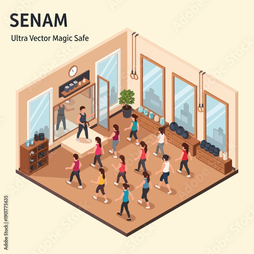 Isometric Illustration of People Exercising in Fitness Studio.