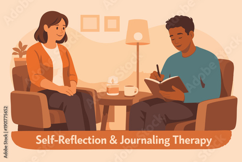 Self-Reflection & Journaling Therapy A flat vector illustration showing a counsellor encouraging a client to write in a journal during a session. 