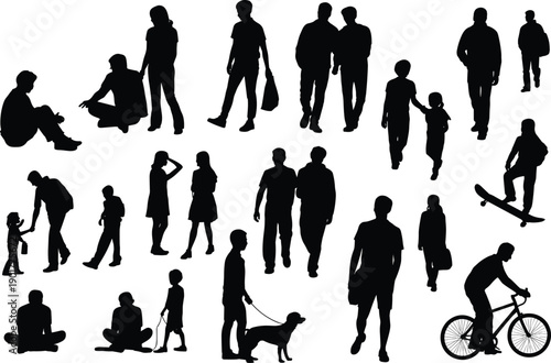people silhouettes, everyday activities, walking, sitting, skateboarding, cycling, dog walking, family interaction, social life, lifestyle vector, urban design, community illustration,