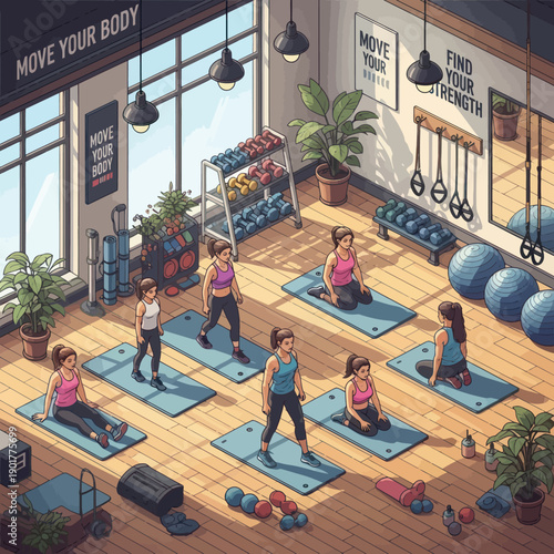 Group Fitness Class in Modern Studio Setting.