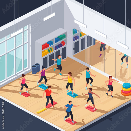 Group Fitness Class in Modern Studio.